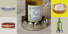 A grid of design wine coasters from Baccarat, Tooka, The Favorites, Ralph Lauren, and Arket