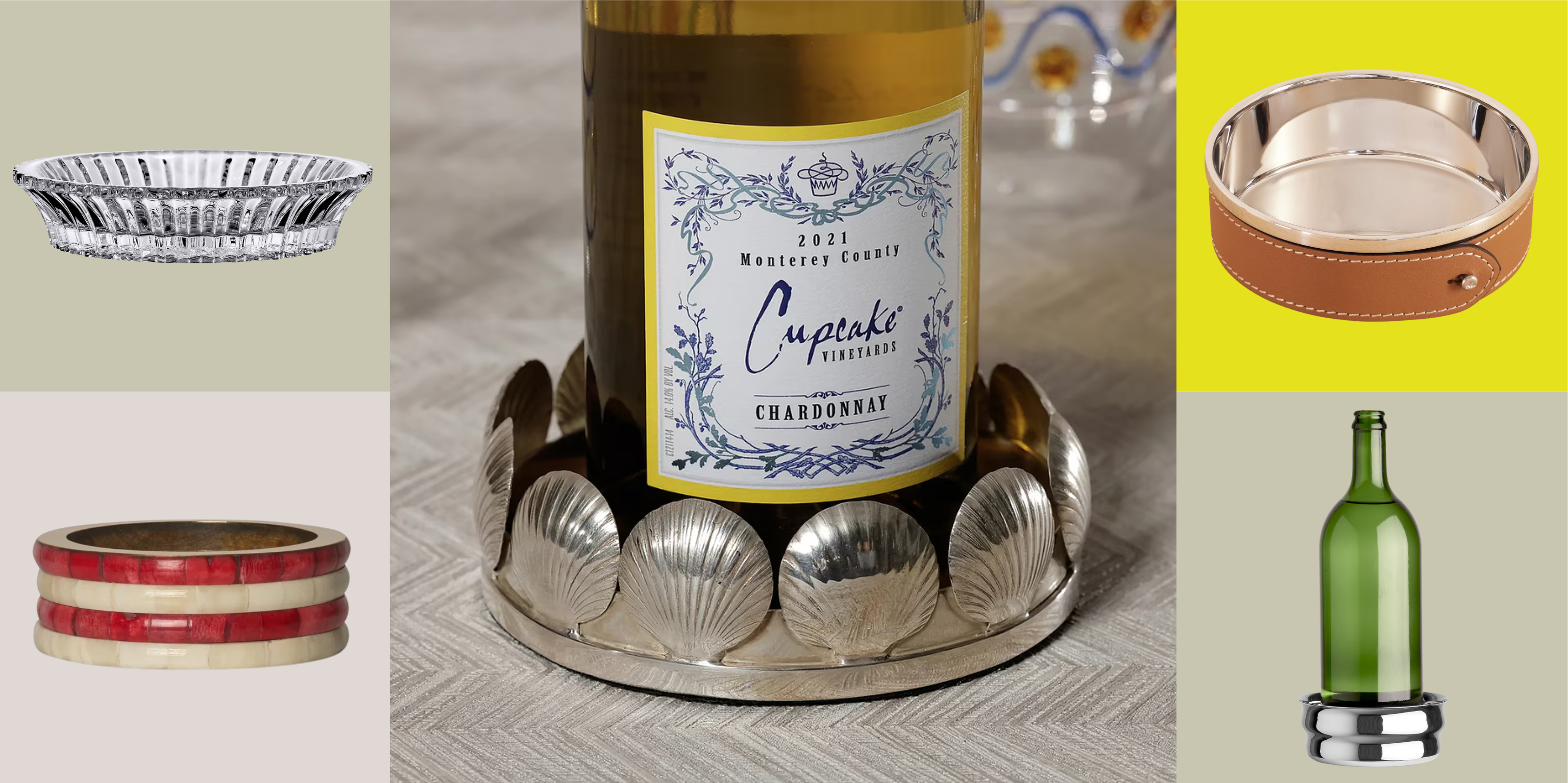 A grid of design wine coasters from Baccarat, Tooka, The Favorites, Ralph Lauren, and Arket