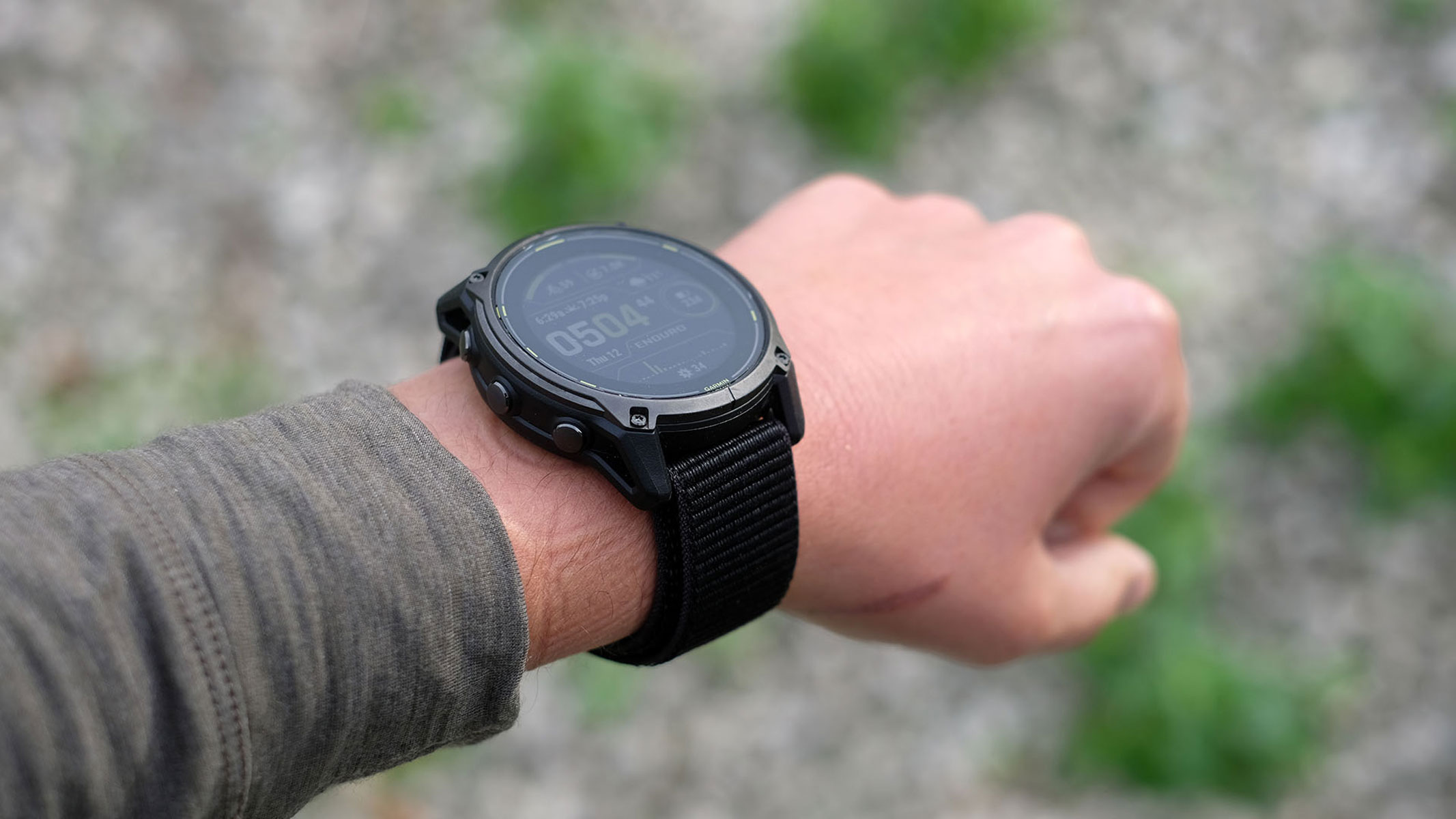 A close-up picture of our reviewer wearing the Garmin Enduro 3 smartwatch