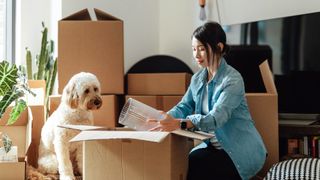 Woman packing up apartment while dog looks on