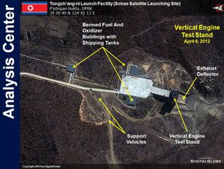 This DigitalGlobe satellite image shows the vertical engine test stand at the Tongchang-ri Launch Facility in North Korea. The image was taken on April 9, 2012.