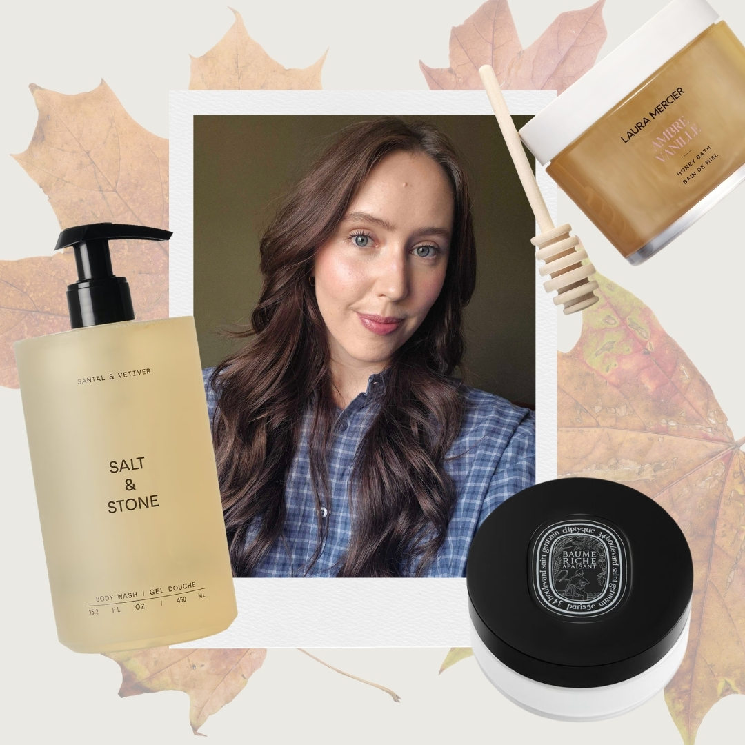 A collage featuring a picture of Digital Beauty Writer, Naomi Jamieson alongside her autumn body care picks from Laura Mercier, Diptyque and Salt &amp;amp; Stone on a cream template with an autumn leaf overlay