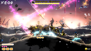 The player summons an attack from the skies while enemies ride on chariots and wield spears and axes 