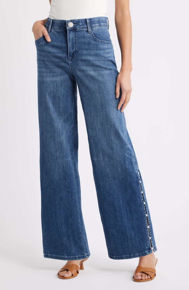 Sam High Waist Faux Pearl Detail Wide Leg Jeans