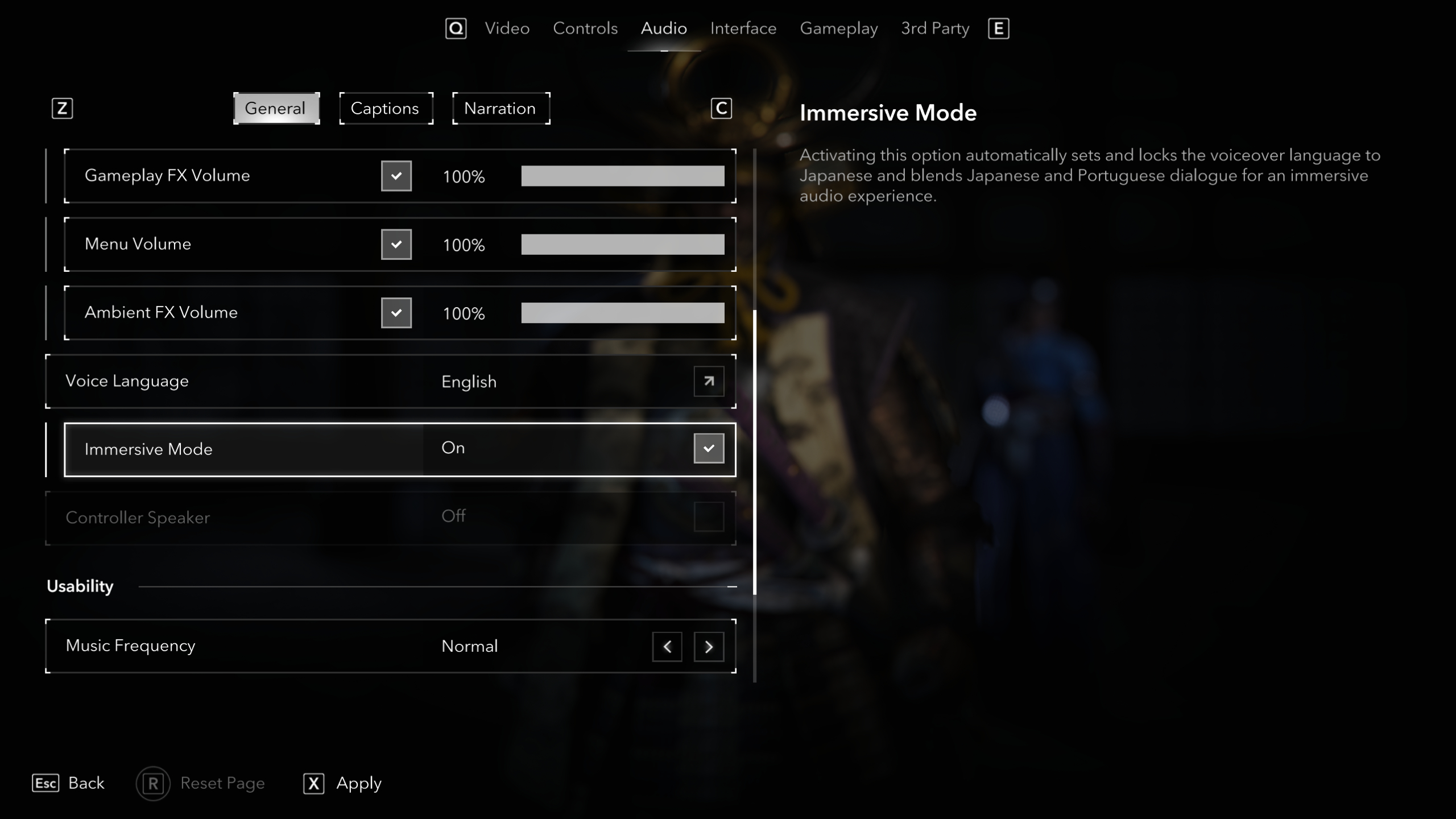 Assassin's Creed Shadows immersive mode - The setting to enable immersive mode in the options menu.