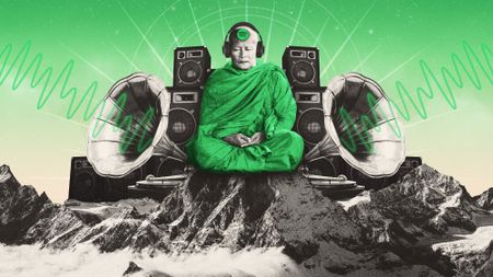 Illustration of a wise monk listening to music atop a mountain