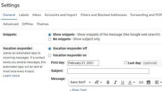 Gmail's settings menu showing snippets options