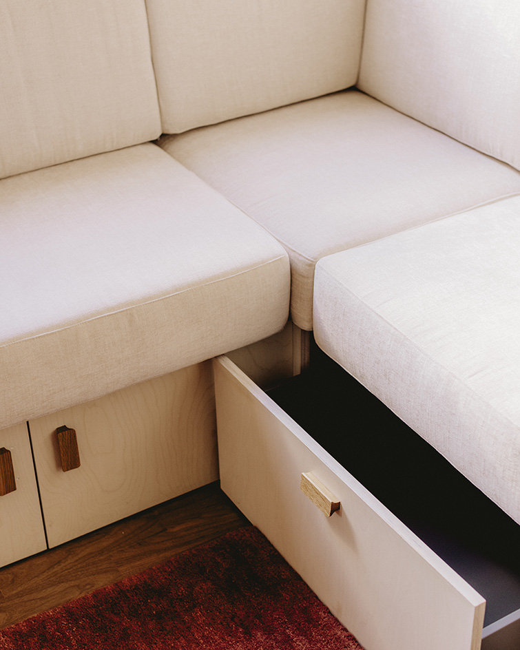 interior views of warm Barcelona apartment in red and neutral tones