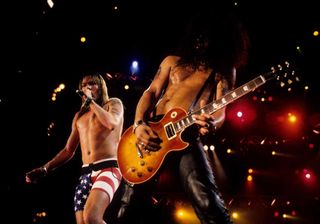 Axl Rose and Slash of Guns N Roses perform live at Rock In Rio II on January 15, 1991 in Rio De Janeiro, Brazil.