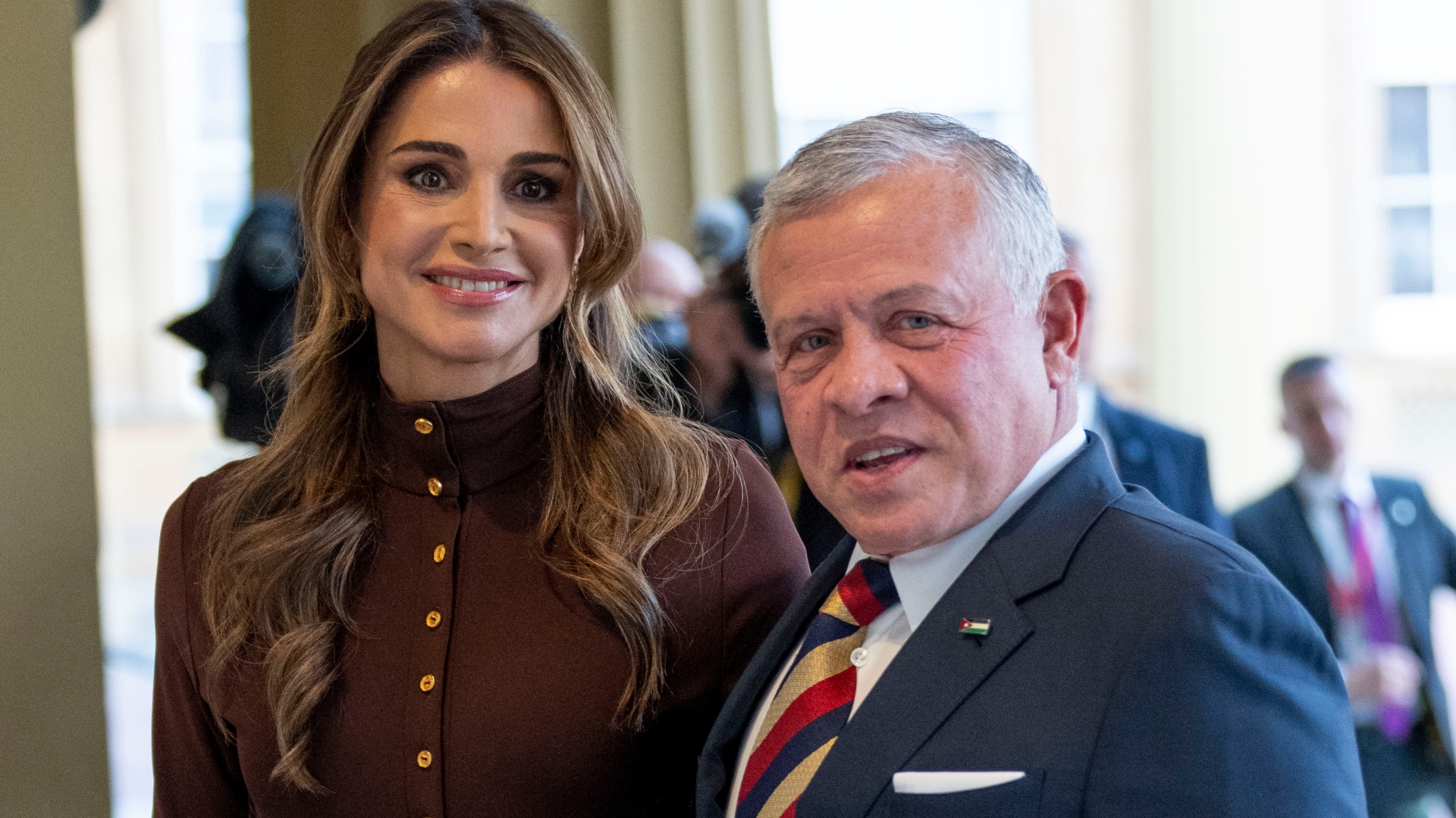 King Abdullah II of Jordan and Queen Rania of Jordan attend the Coronation Reception For Overseas Guests at Buckingham Palace on May 5, 2023 in London, England.