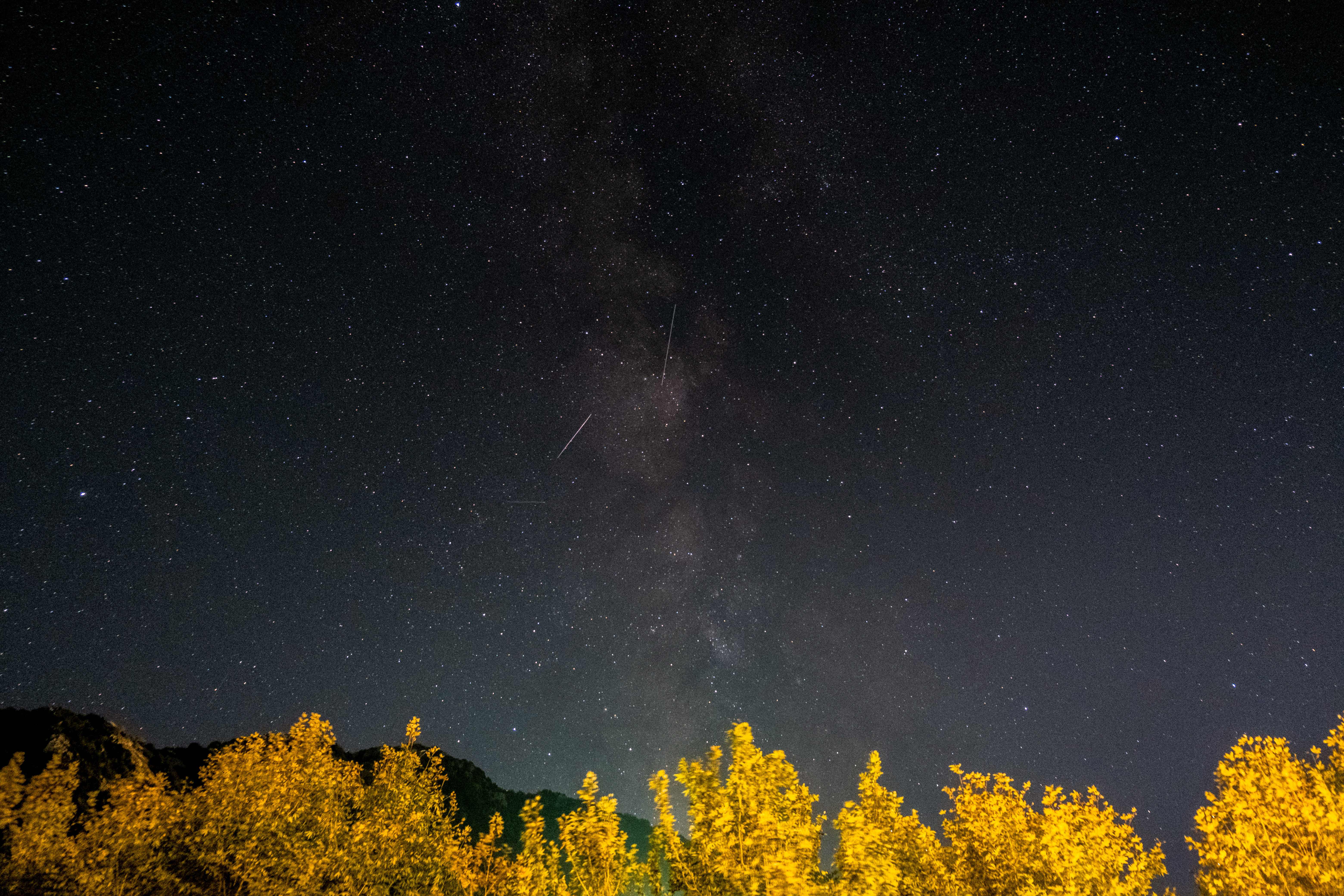 A photograph of the Orionid meteor shower in the night sky over Tannourine in northern Lebanon, on October 3, 2021.
