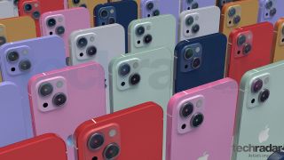 Ett konstnärs intryck av iPhone 13 i en mängd olika färger inklusive rött, rosa och blått