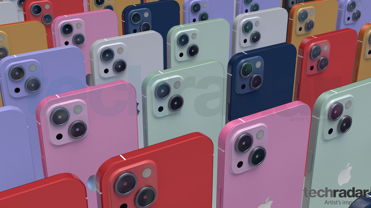 Kesan artis terhadap iPhone 13 dalam berbagai warna antara lain merah, pink, dan biru