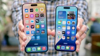 iPhone 16 Pro vs iPhone 16 Pro Max in hand showing screens