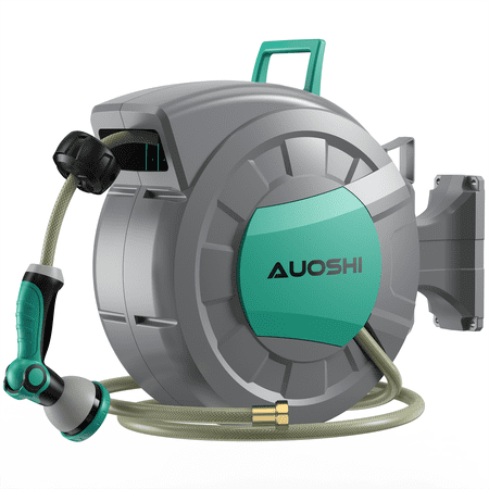 Auoshi Retractable Garden Hose Reel 1/2 Inch 100ft Automatic Hose Reel With 10 Function Sprayer Nozzle Wall Mount 180 Deg Swivel Bracket Hose Reel With Any Length Lock Slow Return System