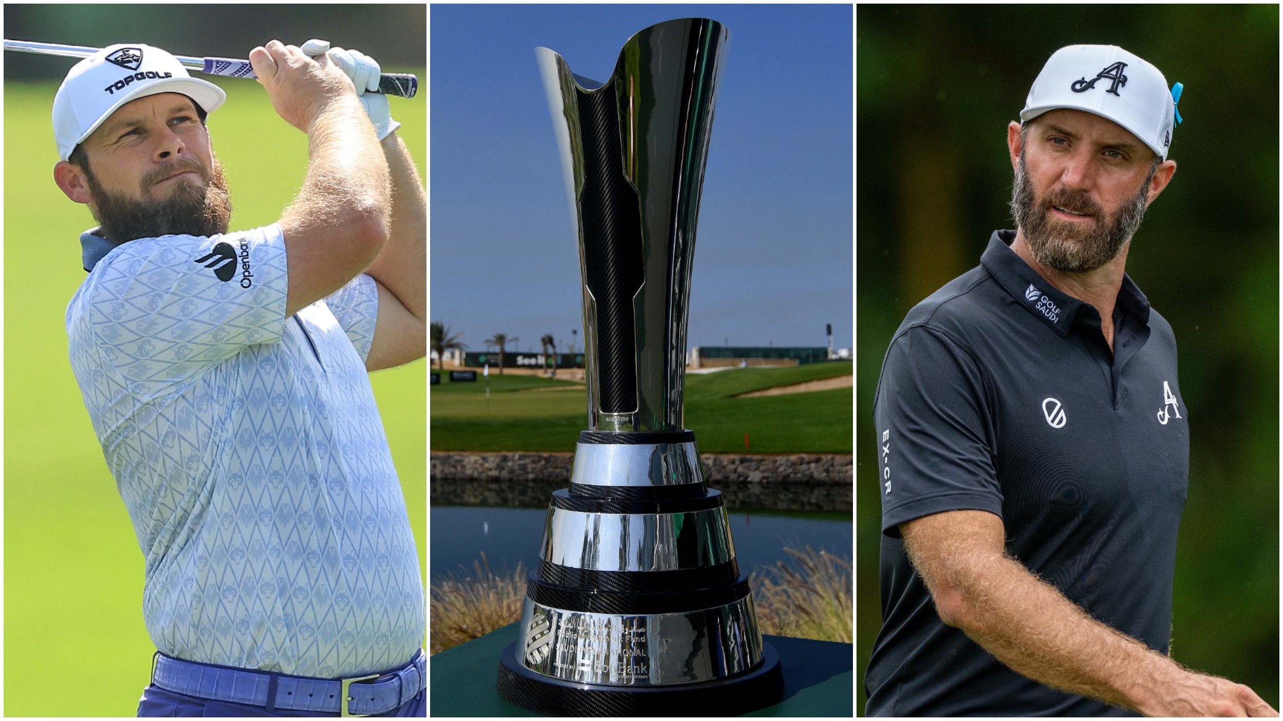 Tyrrell Hatton and Dustin Johnson along with the PIF Saudi International trophy