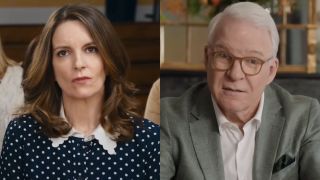 Tina Fey wearing polka dots in 2024's Mean Girls/ Steve Martin in a suit and glasses in Season 4 of Only Murders In The Building (side by side image) 