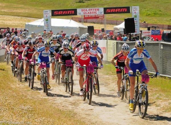 Georgia Gould (Luna Pro Team) leads out the elite women at the Sea Otter short track