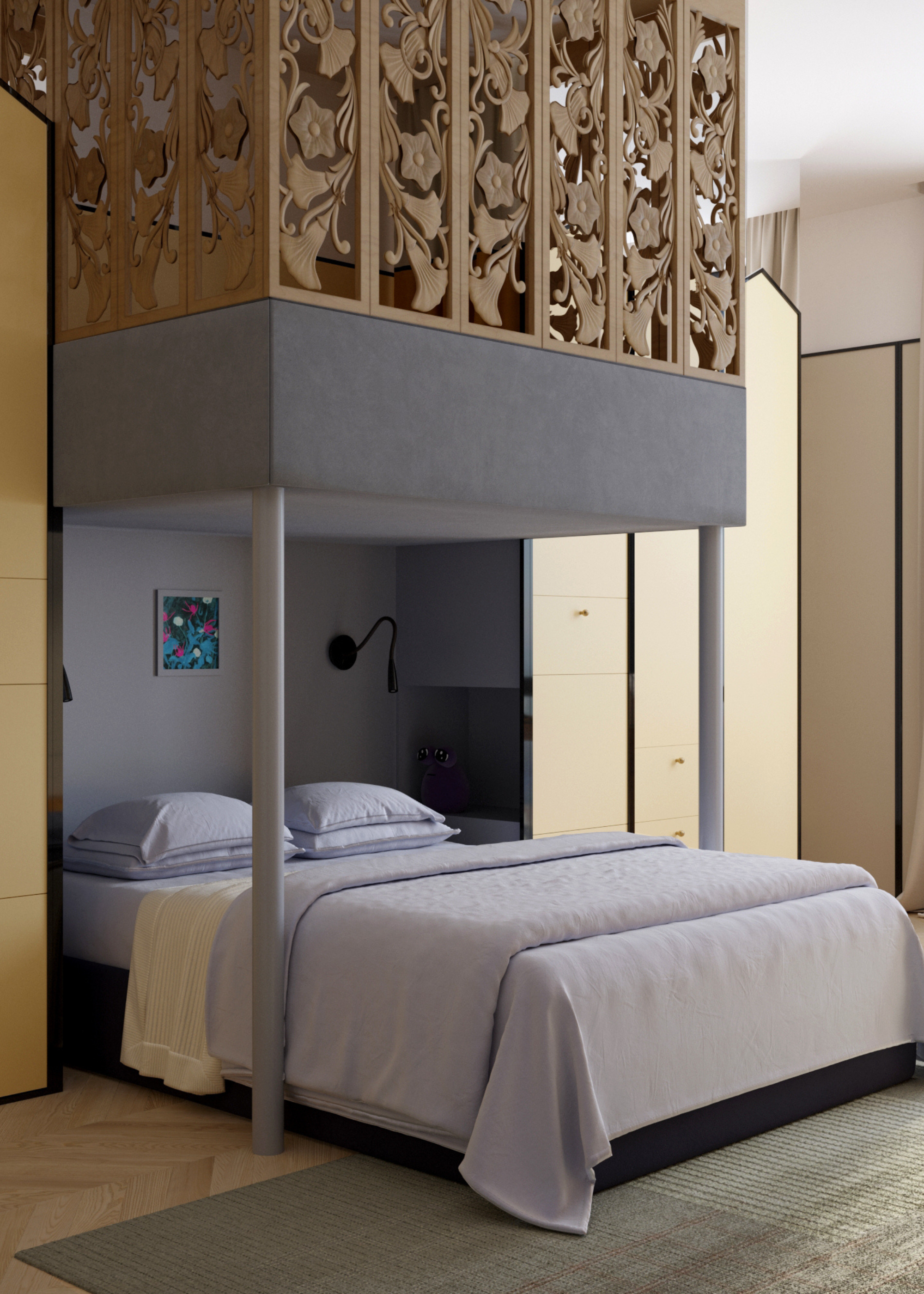 A light yellow bedroom with a lilac bed and an overhead space with carved wooden covers