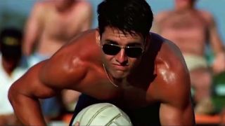 Tom Cruise during volleyball scene in Top Gun