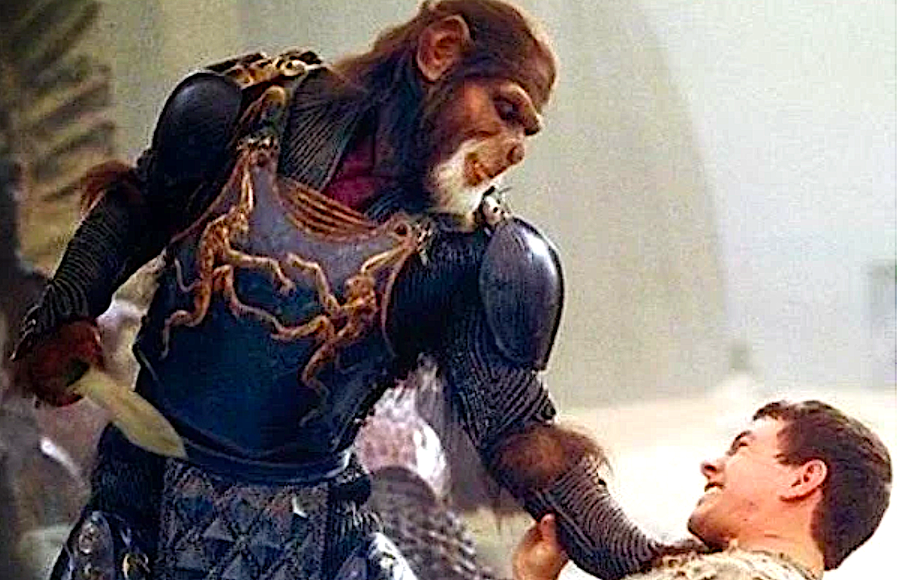 An ape general grabs a human astronaut survivor