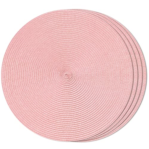 Funwheat Round Braided Placemats Set of 4 Table Mats for Dining Tables Woven Washable Non-Slip Place Mats 15inch (pink, 4pcs)
