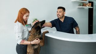 dog owner and receptionist at vet
