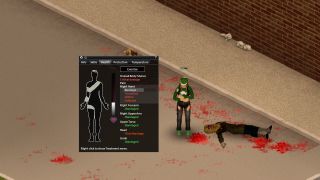 Project Zomboid - A player in a parking lot bandages a wound on her hand. The health panel shows her right hand has wounds for Scratched, Bitten, and Infected.