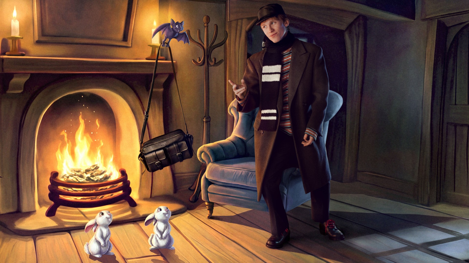 Luther Ford, in a long brown coat and striped scarf, stands by a glowing hand-drawn fireplace as a cartoon bat carries off his black Prada shoulder bag and two white rabbits look on.