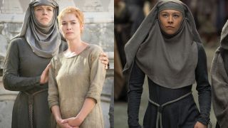 From left to right: Hannah Waddingham holding Lena Headey's shoulder in Game of Thrones and Emma D'Arcy walking down the lane in a septa costume in House of the Dragon.