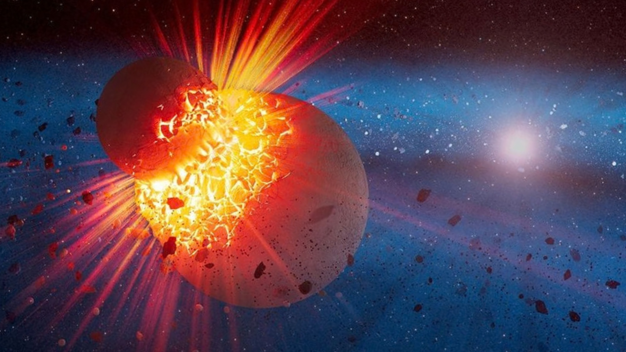 An illustration shows planets colliding in a turbulent planetary system