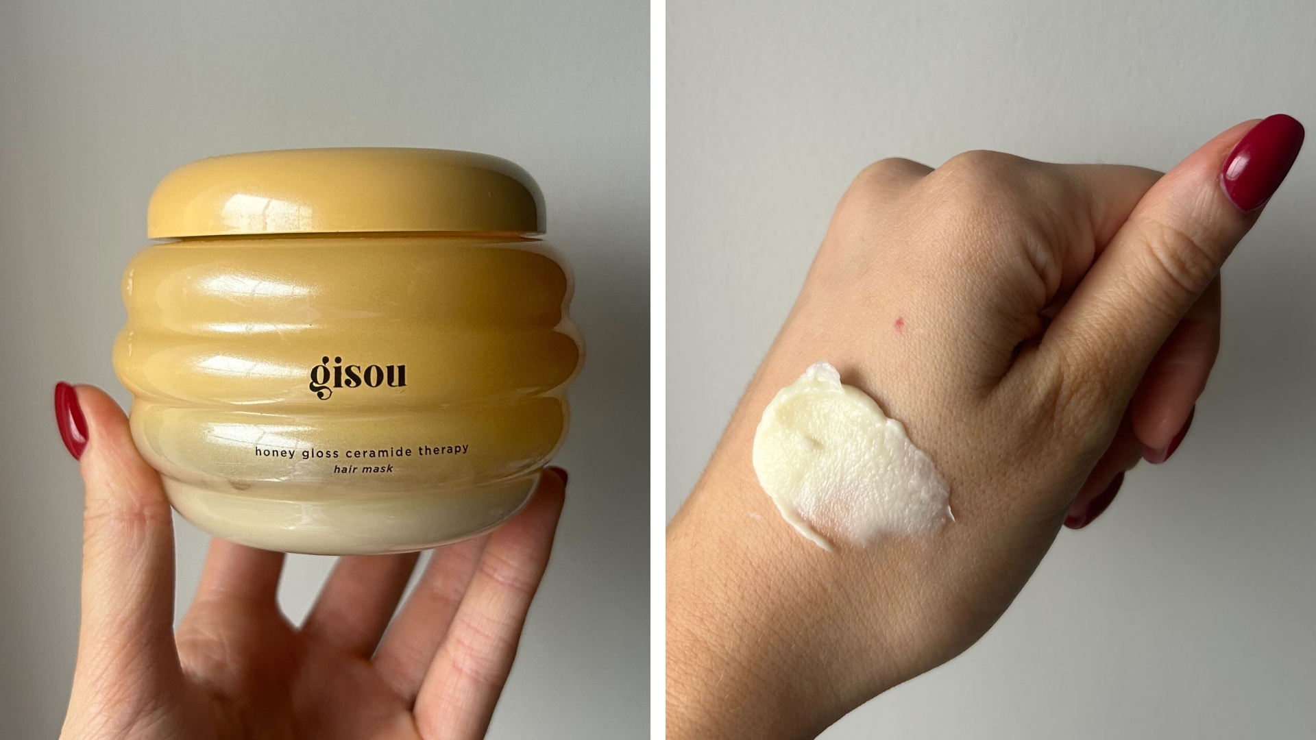 On the left, hand holding the Gisou Honey Gloss Ceramide Therapy Hair Mask, and on the right a swatch of the Gisou Honey Gloss Ceramide Therapy Hair Mask on the back of a hand