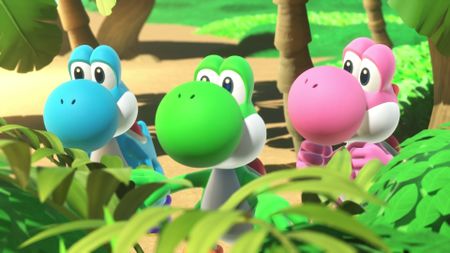 In Yoshi and the Mysterious Book, Pink, Blue, and Green Yoshi stand together looking out over some foliage