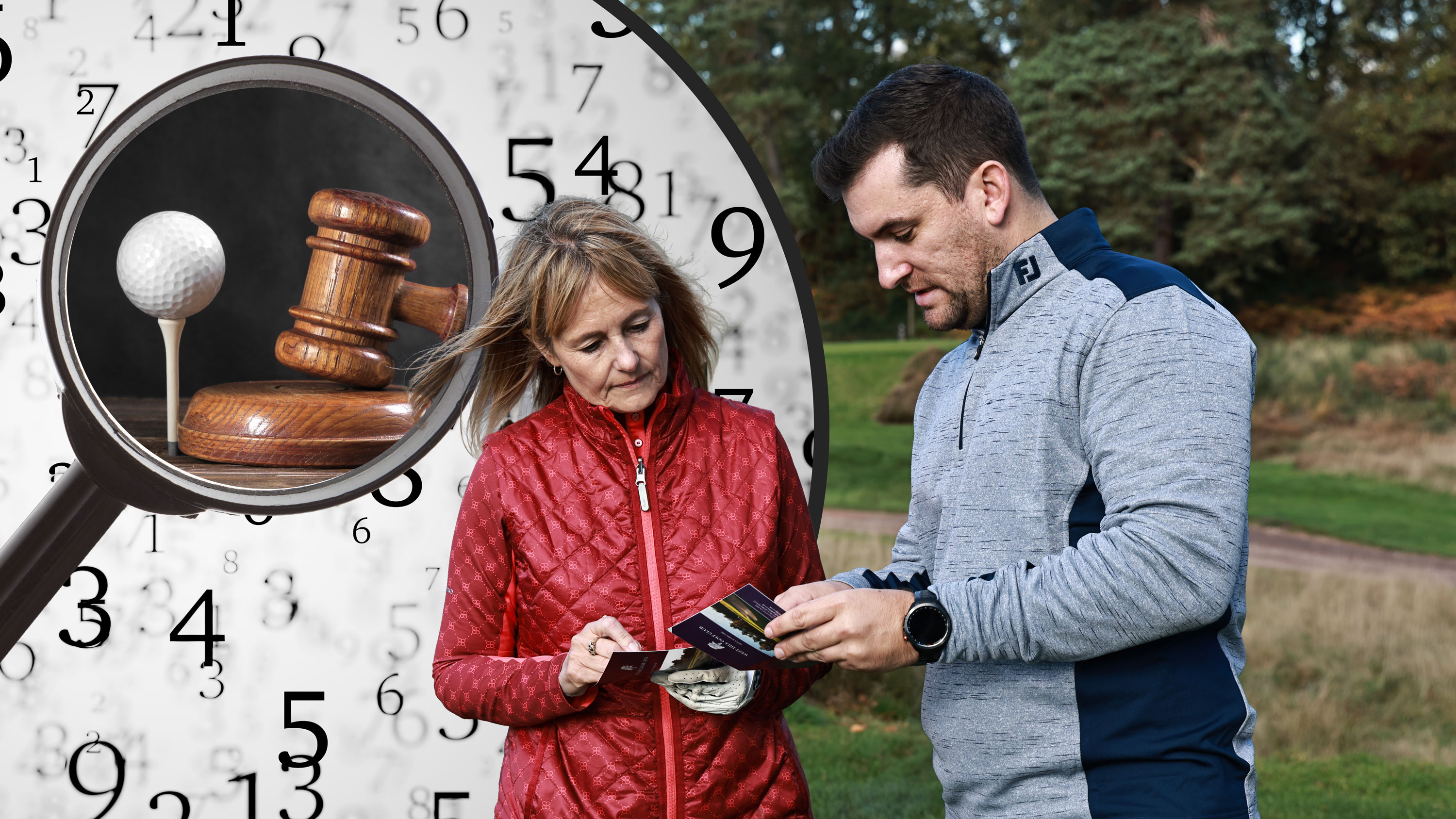 Alison Root and Sam De'Ath reviewing their scorecards, holding their scorecard in their hands and discussing the outcome, with an inset image of a series of random numbers, a magnifying glass and a judge's gavel next to a golf ball signifying the debate around fairness and the system being fit for purpose