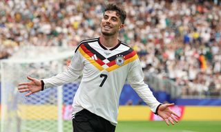 Kai Havertz of Germany celebrates scoring his team's seventh goal during the FIFA World Cup 2026 Group E match between Germany and Curacao at Houston Stadium.