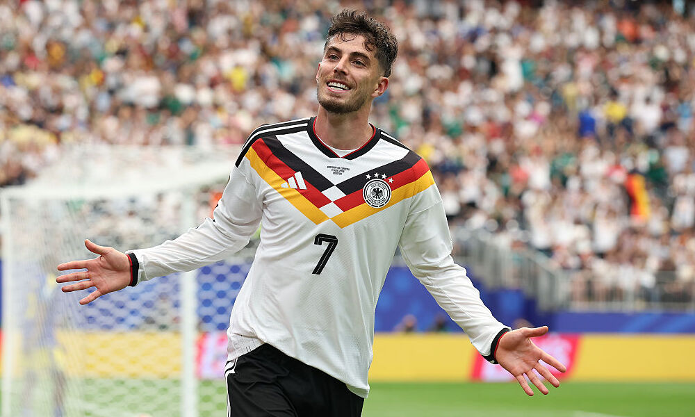 Kai Havertz of Germany celebrates scoring his team's seventh goal during the FIFA World Cup 2026 Group E match between Germany and Curacao at Houston Stadium.