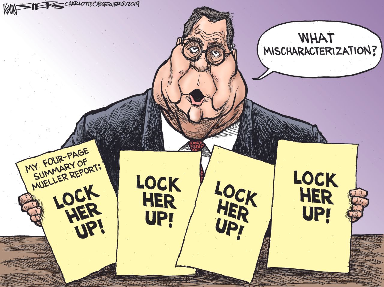 Political Cartoon U.S. Trump William Barr lock her up Hilary Clinton Mueller Report