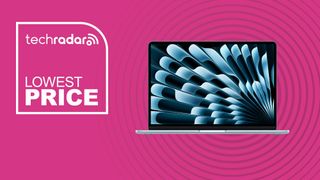The MacBook Air M4 in front of a magenta background featuring the words 'Lowest price'.
