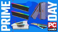A collage of different desktop PC memory kits against a stylized blue background, with Prime Day and a PC Gamer logo on the sides