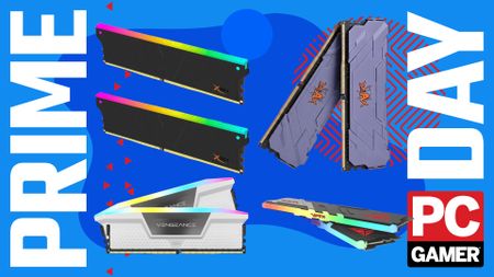 A collage of different desktop PC memory kits against a stylized blue background, with Prime Day and a PC Gamer logo on the sides