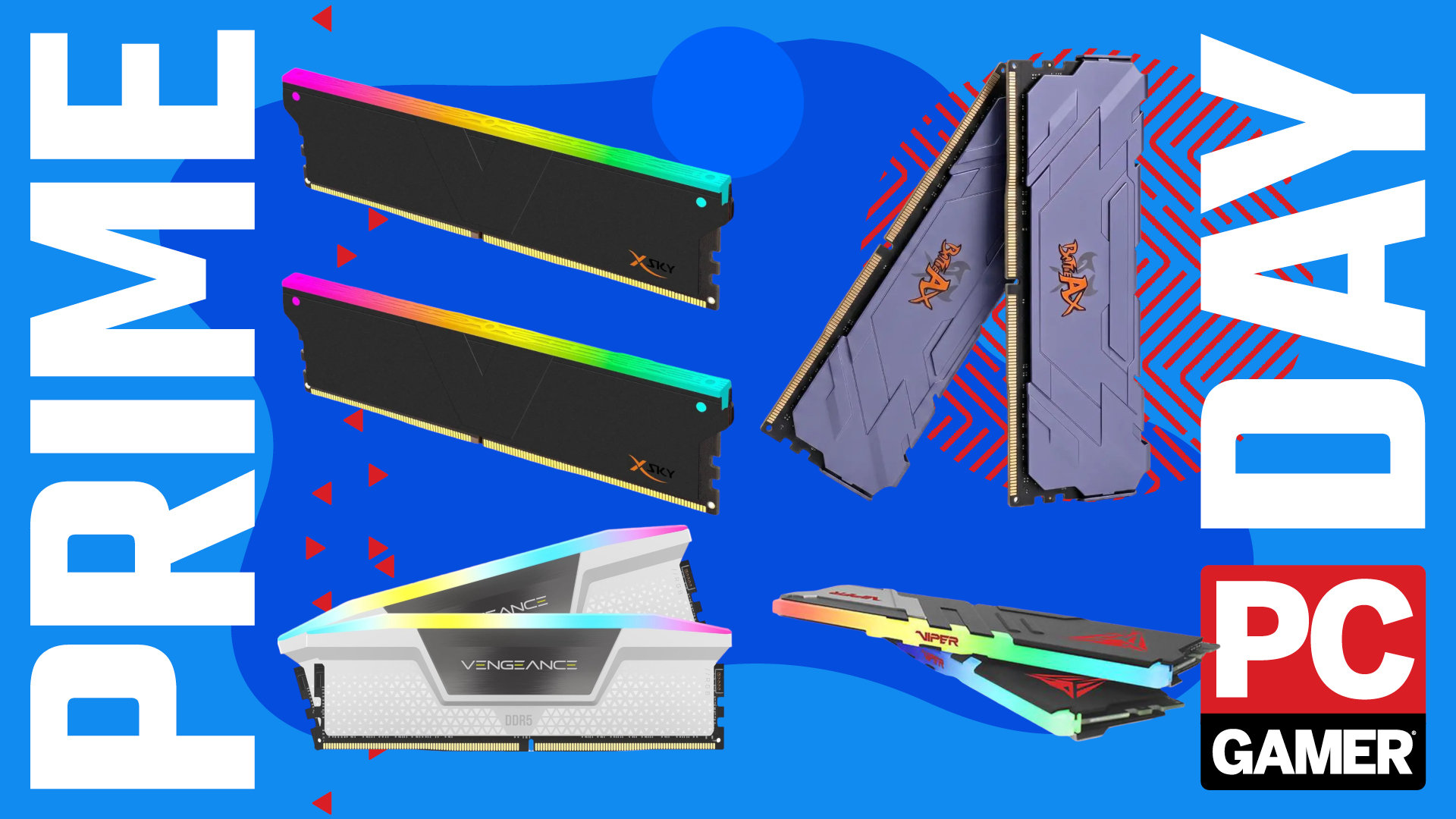 A collage of different desktop PC memory kits against a stylized blue background, with Prime Day and a PC Gamer logo on the sides