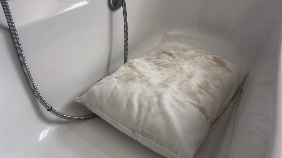 A stained pillow in a bathtub.
