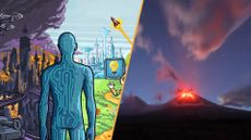 A split image of an AI future and Klyuchevskoy volcano erupting. 