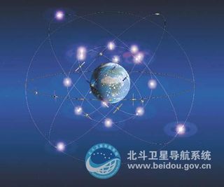 Artist's illustration of China's Beidou navigation satellite constellation in orbit.