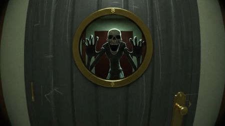A press shot for Keep the Door Locked codes showing a monster howling through the spyhole in the door