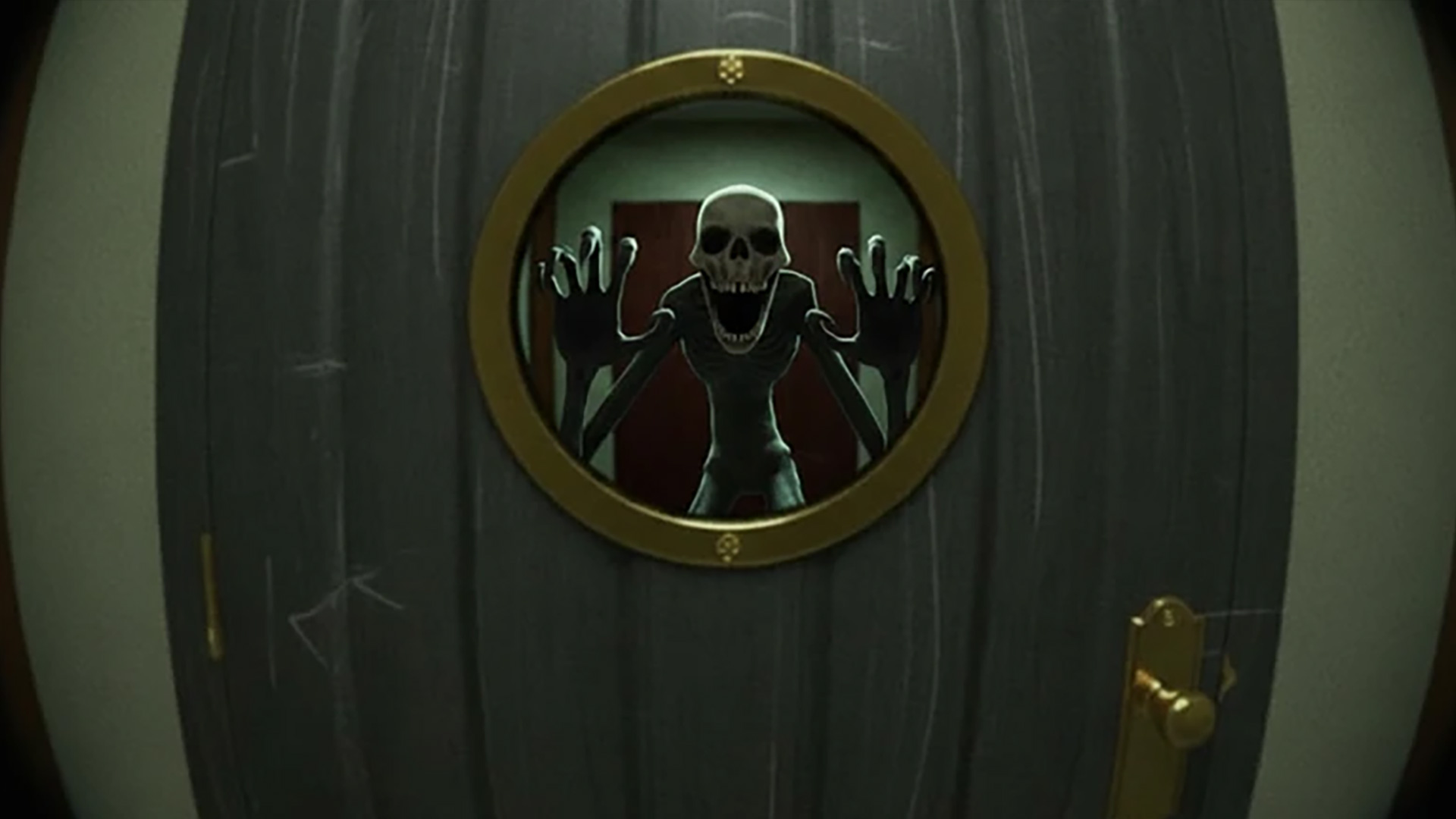 A press shot for Keep the Door Locked codes showing a monster howling through the spyhole in the door