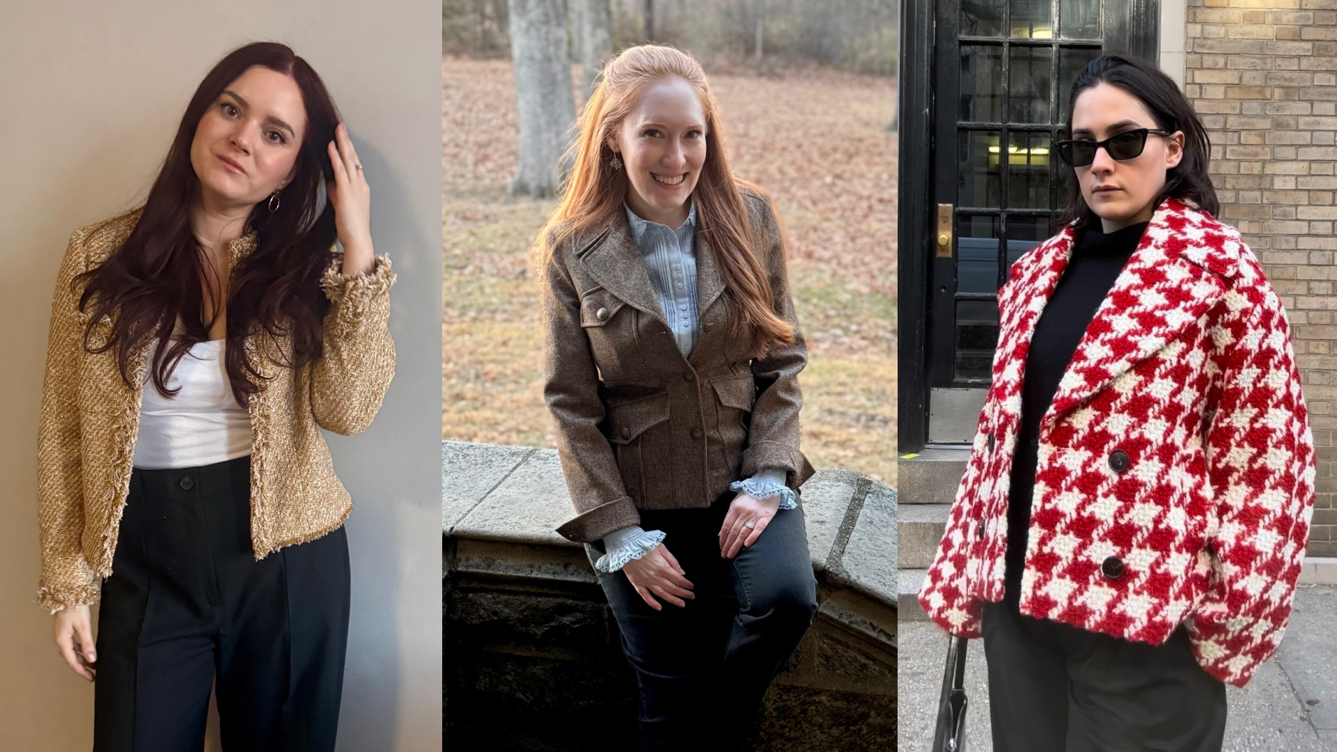 Brooke Knappenberger in a gold blazer and black pants; Kristin Contino in a brown jacket and blue top; Julia Marzovilla in a red houndstooth coat and sunglasses
