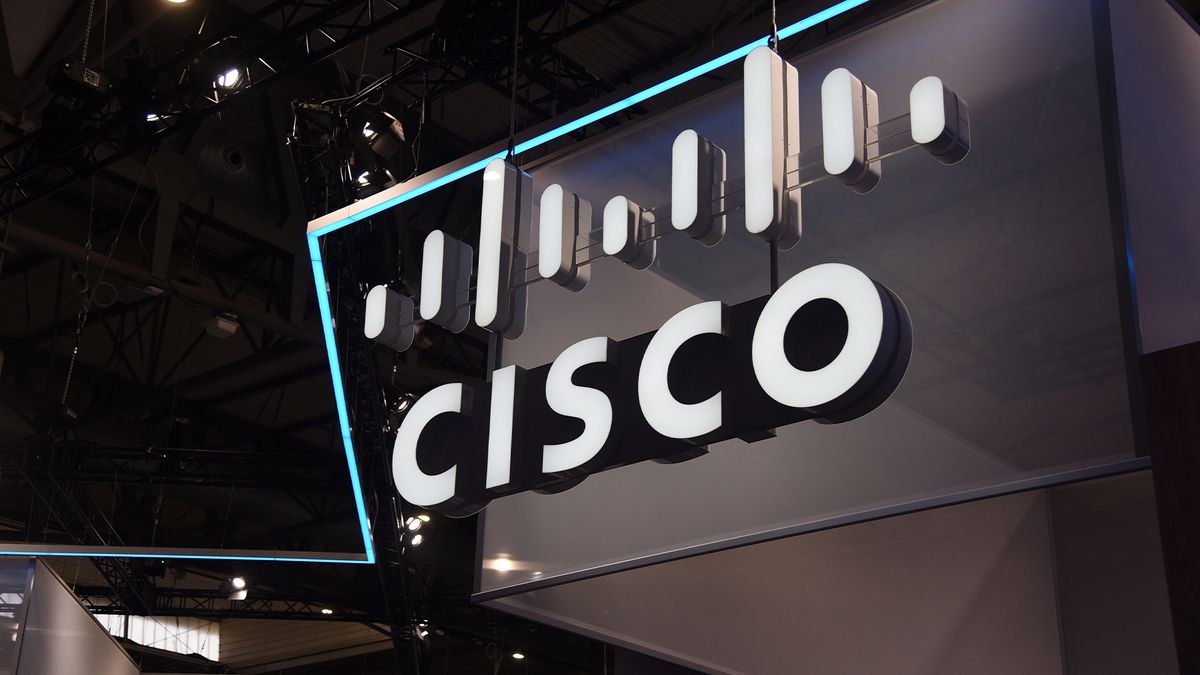 Cisco logo and branding pictured at the Mobile World Congress in Barcelona, 2023.