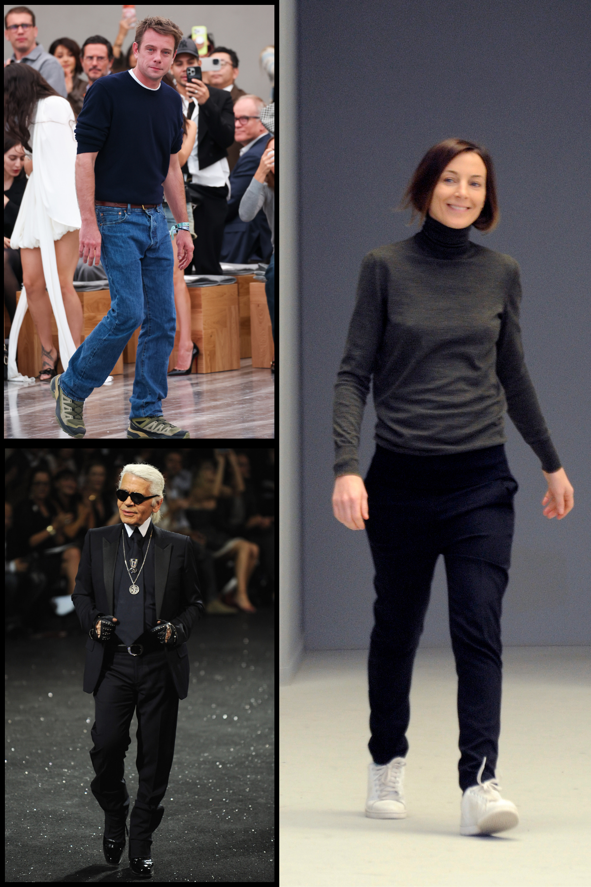 An image of Phoebe Philo, Jonathan Anderson and Karl Lagerfeld in their go-to uniforms.