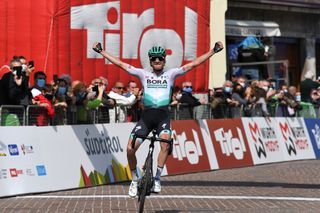 RIVA DEL GARDA ITALY APRIL 23 Felix Groschartner of Austria and Team Bora Hansgrohe celebrates at arrival during the 44th Tour of the Alps 2021 Stage 5 a 1209km stage from Valle del Chiese Idroland to Riva del Garda TourofTheAlps TouroftheAlps on April 23 2021 in Riva del Garda Italy Photo by Tim de WaeleGetty Images